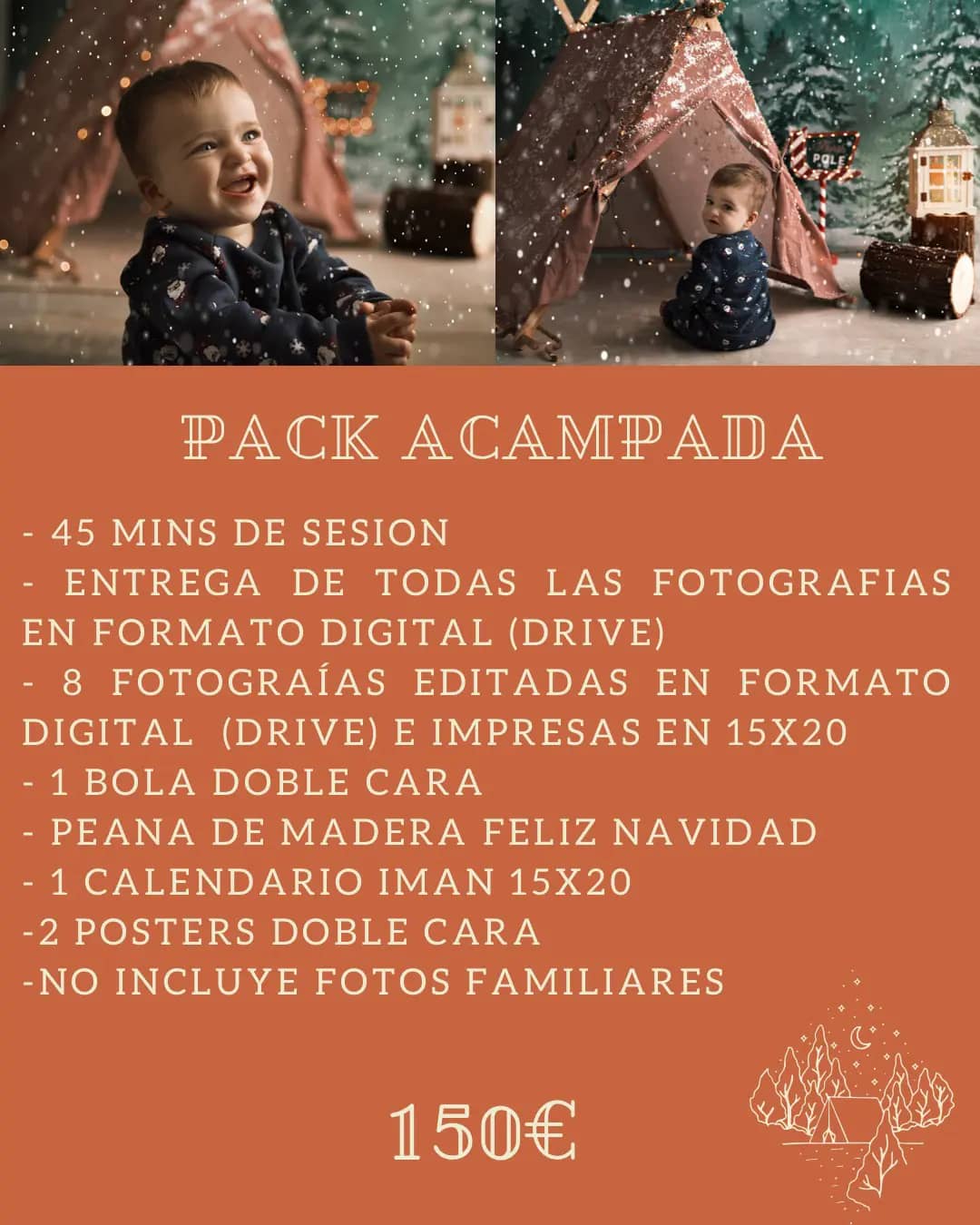Pack acampada, fotos de navidad para bebés de 7 a 18 meses